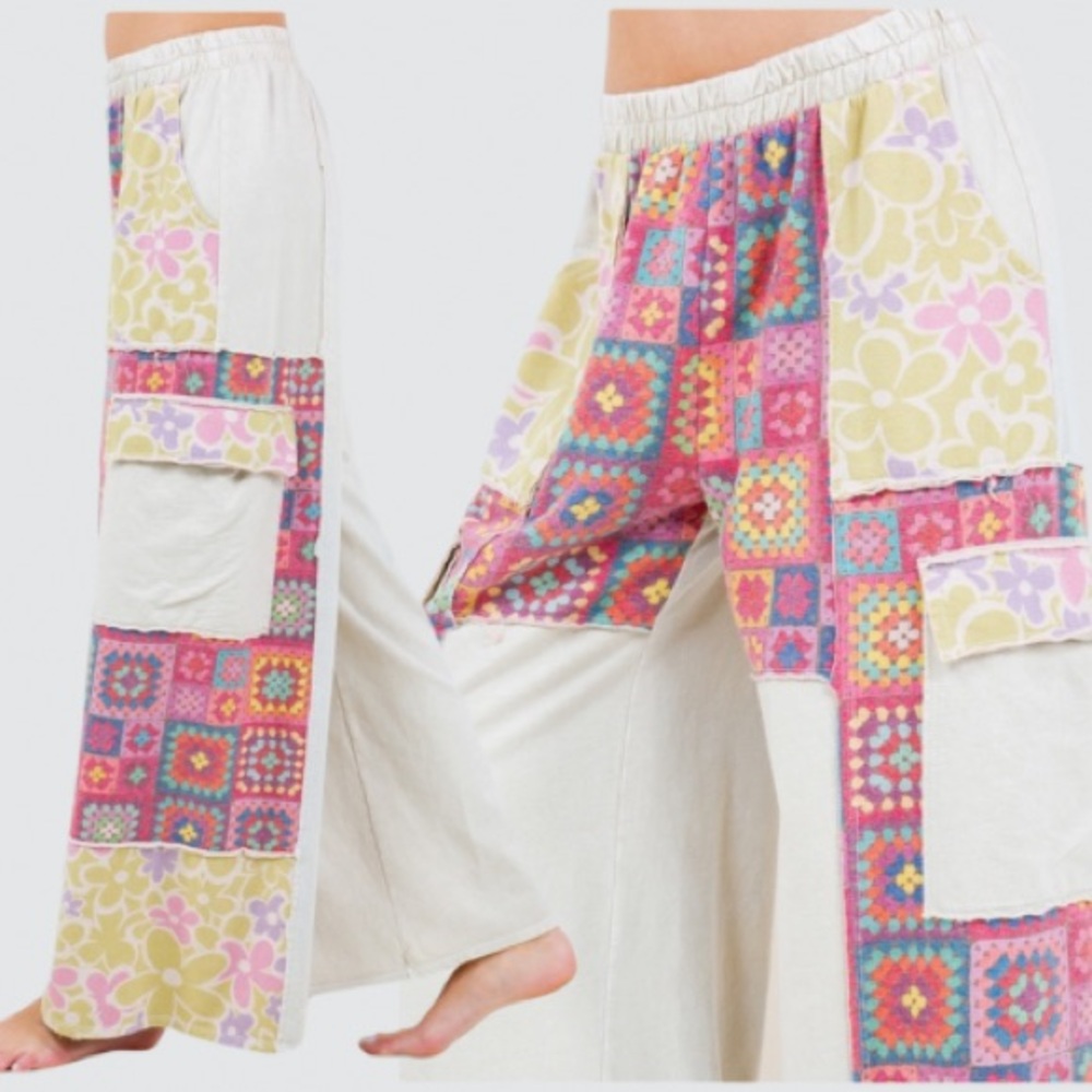 New Boutique Mineral Washed BOHO Crochet Floral Printed Pants So Fun!